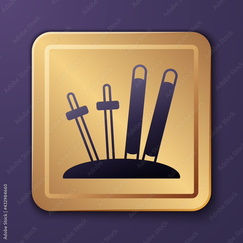 Purple Ski and sticks icon isolated on purple background. Extreme sport. Skiing equipment. Winter sp
