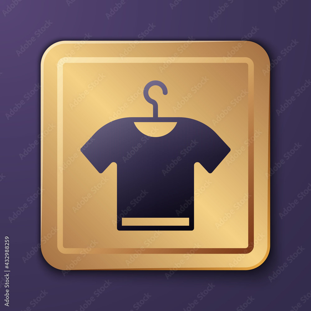 Purple T-shirt icon isolated on purple background. Gold square button. Vector