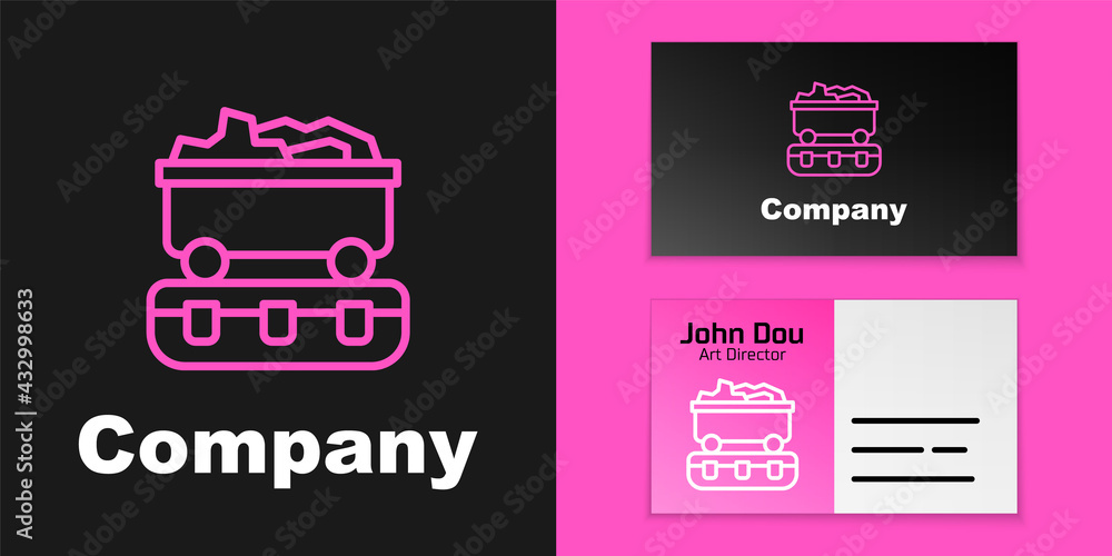 粉红色线条的煤炭火车车厢图标在黑色背景上隔离。铁路运输。标志设计临时