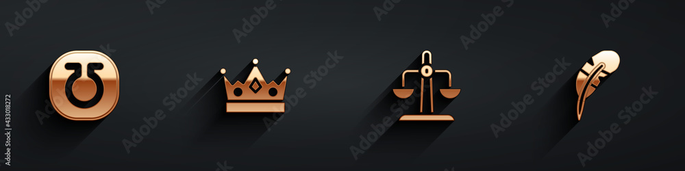 Set Life, King crown, Libra zodiac and Feather pen icon with long shadow. Vector
