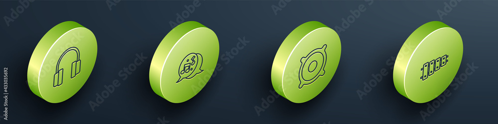 Set Isometric line Headphones, Music note, tone, Stereo speaker and Xylophone icon. Vector