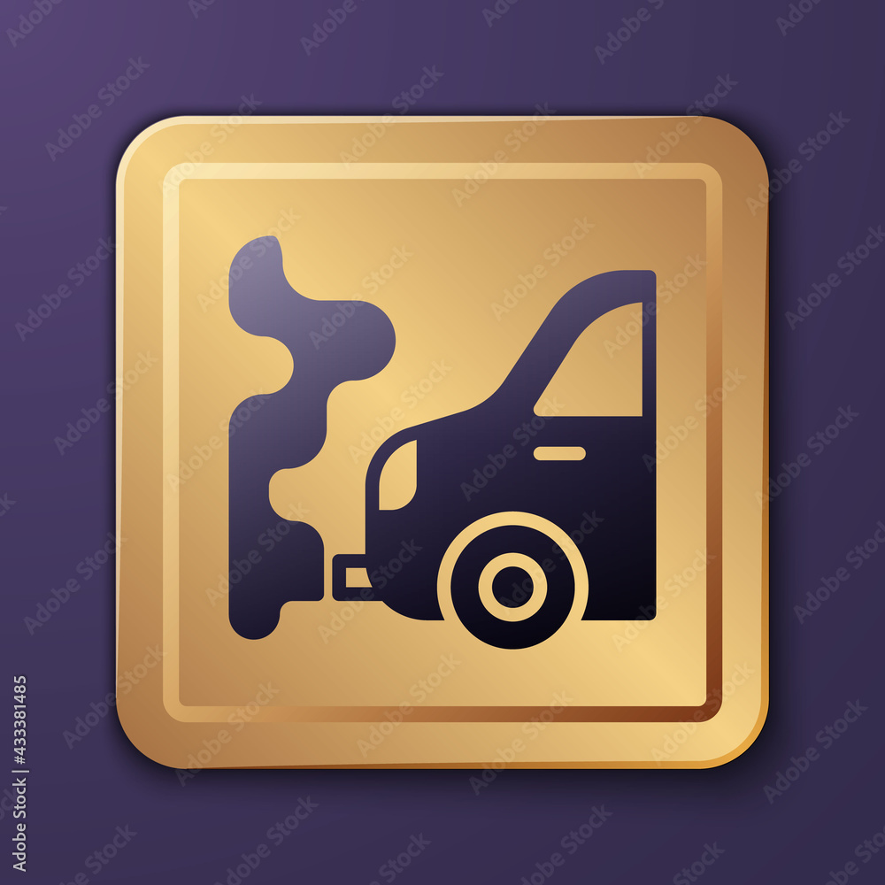 Purple Car exhaust icon isolated on purple background. Gold square button. Vector