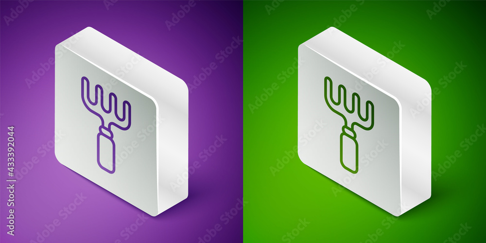 Isometric line Garden rake icon isolated on purple and green background. Tool for horticulture, agri