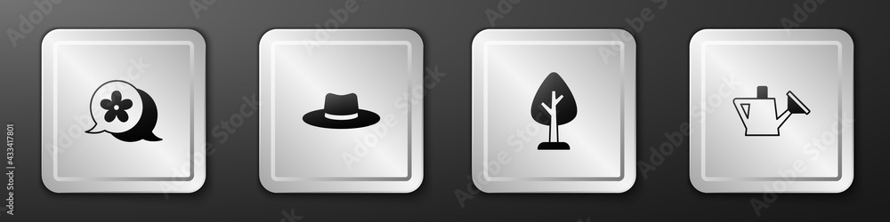 Set Flower, Gardener worker hat, Forest and Watering can icon. Silver square button. Vector