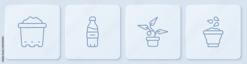 Set line Pot with soil, Plant in pot, Bottle of water and Seeds bowl. White square button. Vector