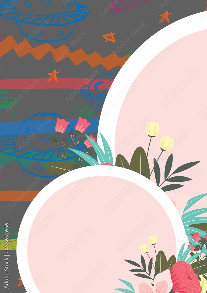 Composition of flowers over pink circles with copy space on hand drawn pattern and grey background