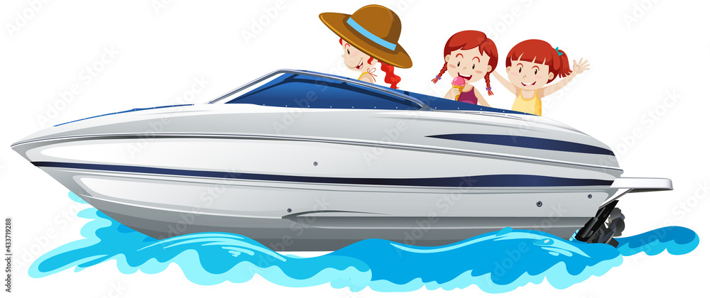 Children standing on a speed boat on white background