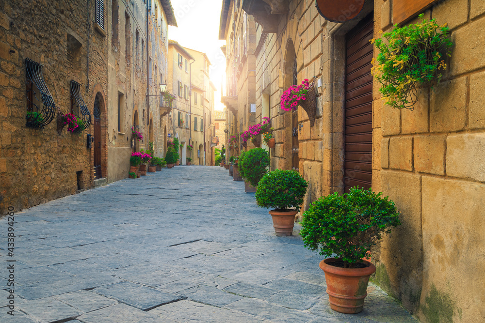 Narrow street and entrances decorated with colorful flowers, Pienza, Italy