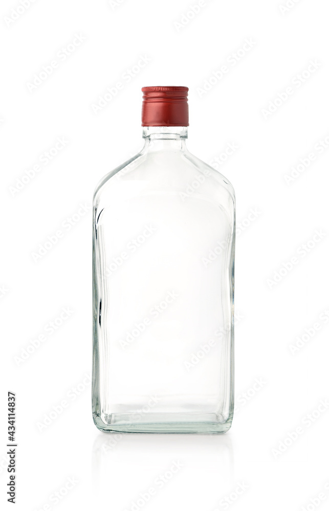 Front view of clear square bottle with red cap isolated on white background. Clipping path.