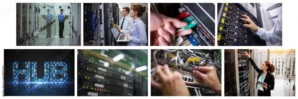 Composite of eight images with processors and technicians in tech room maintaining computer servers
