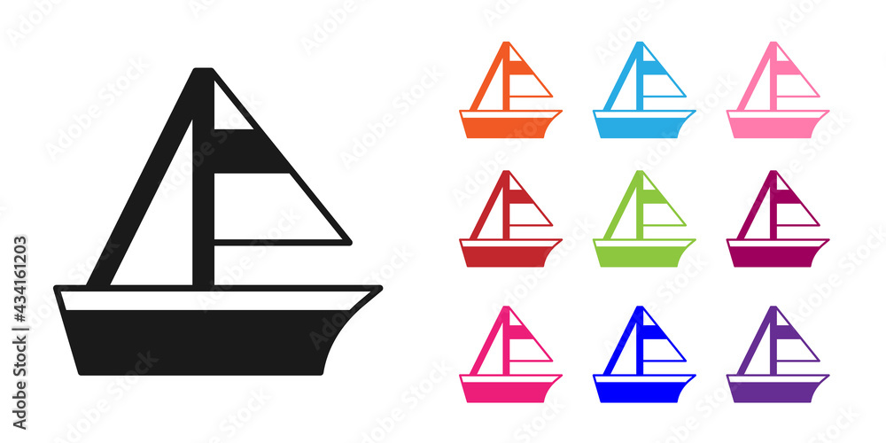 白色背景上隔离的黑色游艇帆船或帆船图标。帆船海上巡航trav