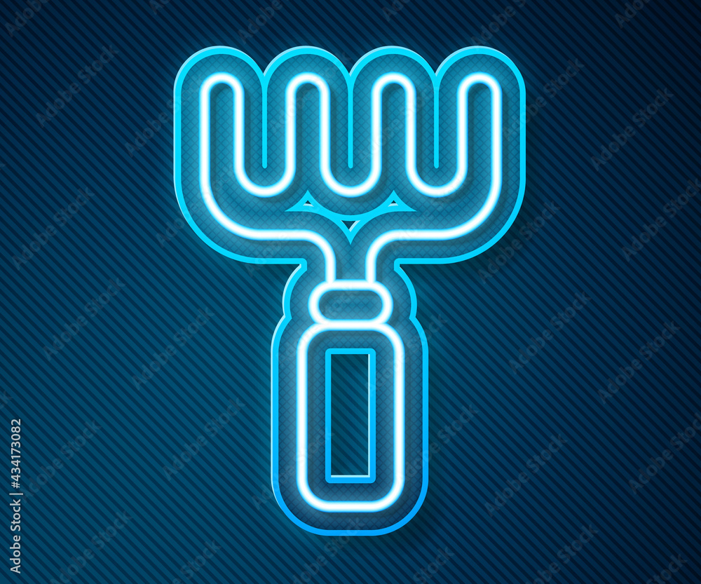Glowing neon line Garden rake icon isolated on blue background. Tool for horticulture, agriculture, 