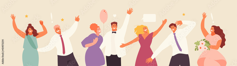 Young people group at a party. School graduation, celebration, corporate party. Vector illustration
