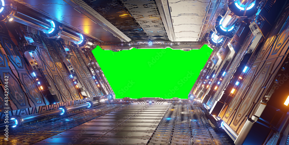 橙色和蓝色的未来太空船内部，绿色窗口三维渲染