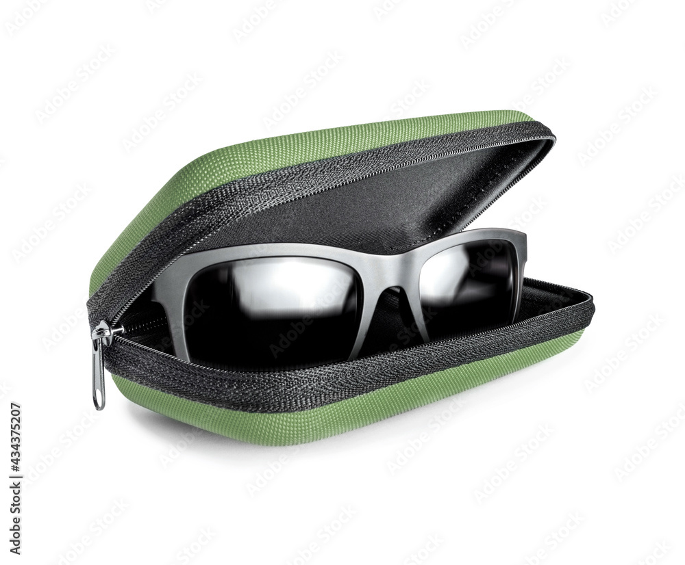 Stylish sunglasses in case close-up, isolated on a white background