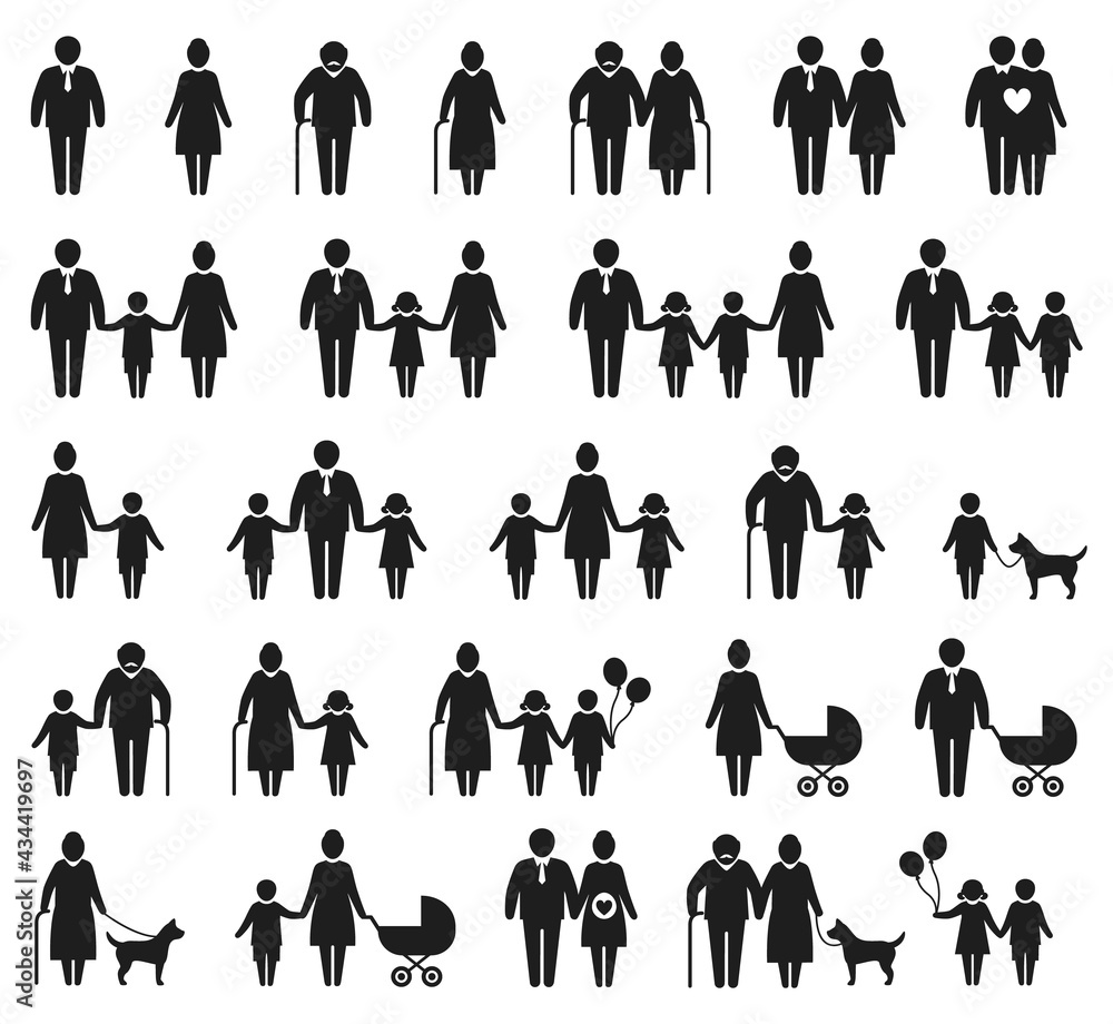 Family icons. Man, pregnant woman, elderly people, single mother or father with newborn baby. Parent