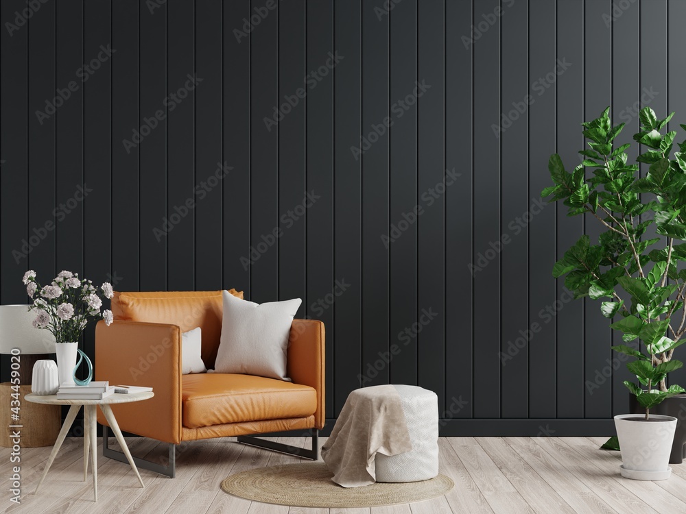 客厅内墙模型，深色色调，黑色木墙背景上有皮扶手椅