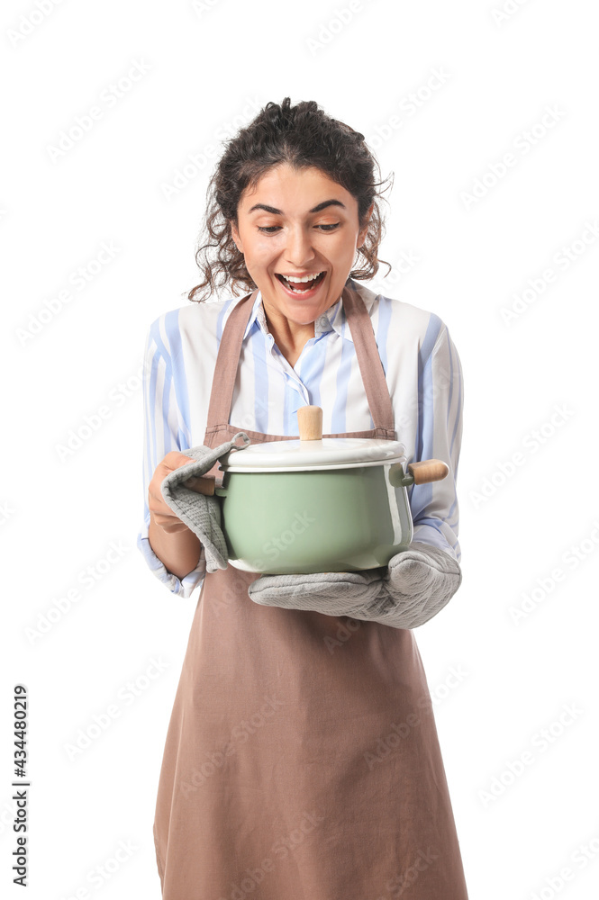 Excited young woman with cooking pot on white background