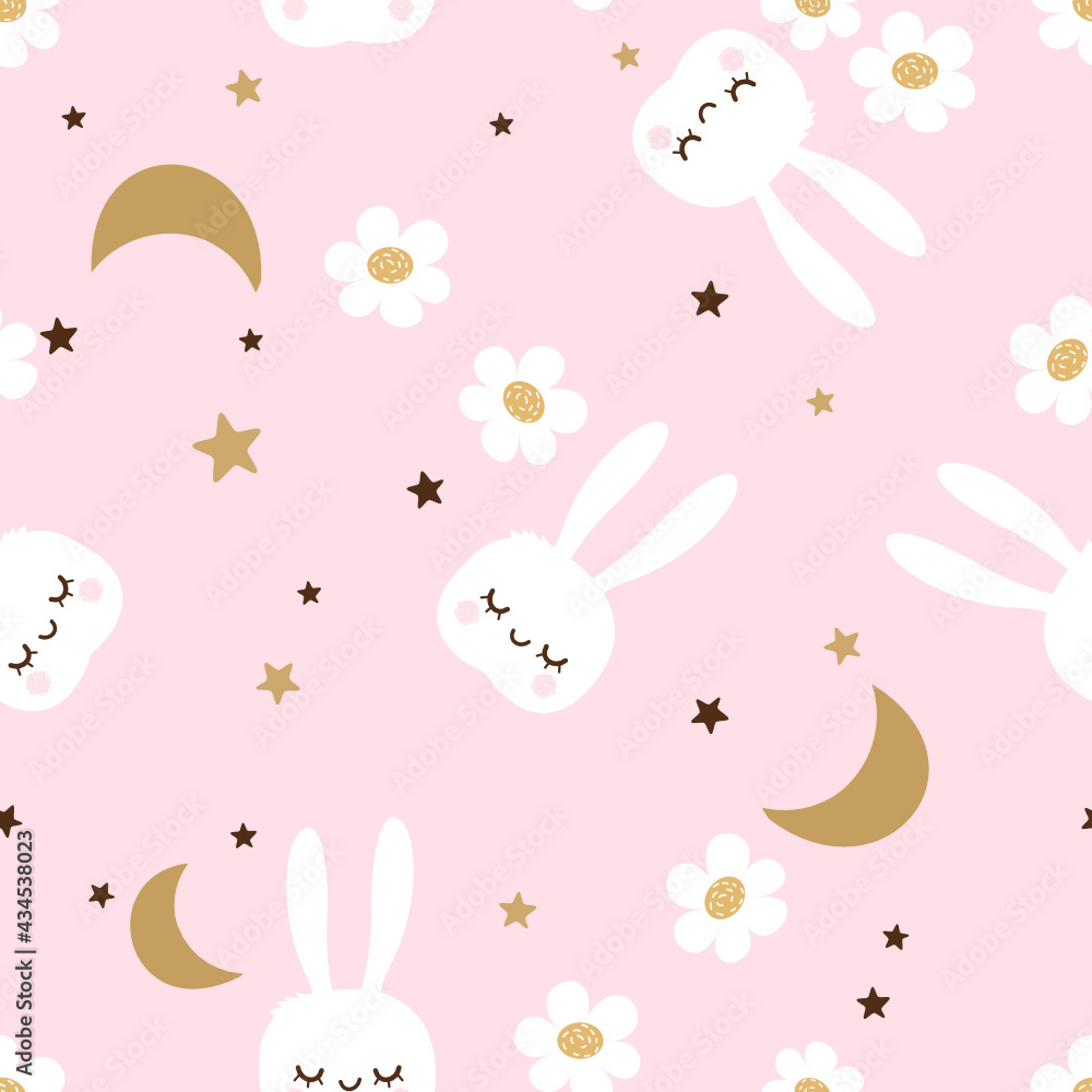 粉色背景矢量插图上有可爱的兔子、星星、月亮和雏菊的无缝图案