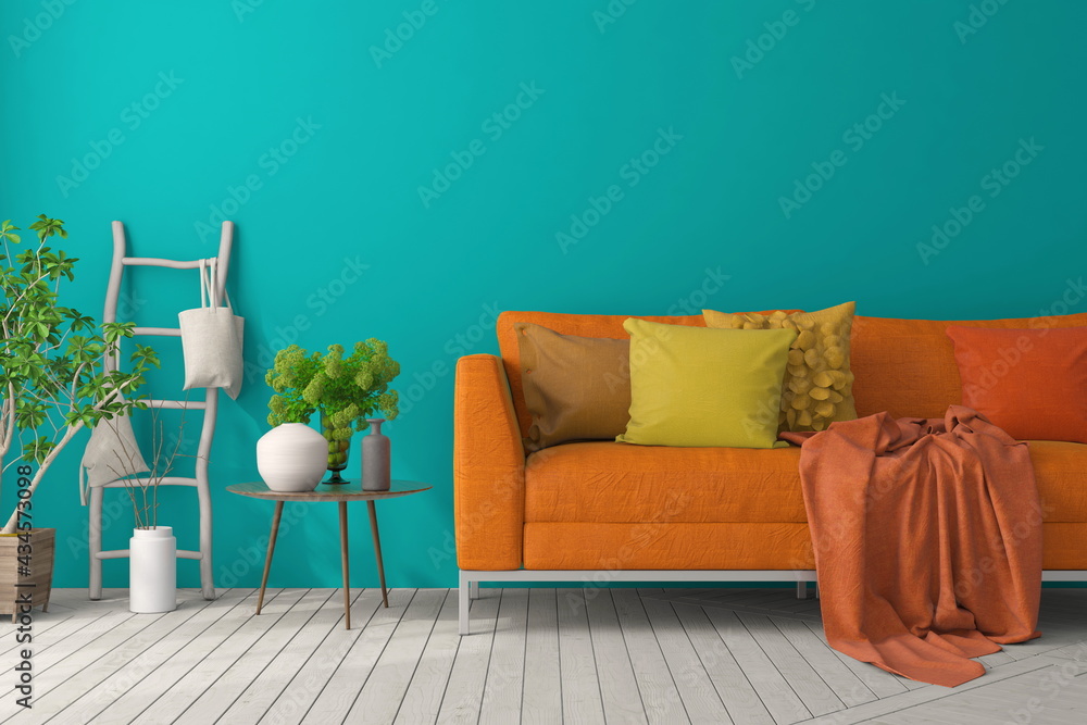带橙色沙发的彩色客厅实物海报。斯堪的纳维亚室内设计。3D插图