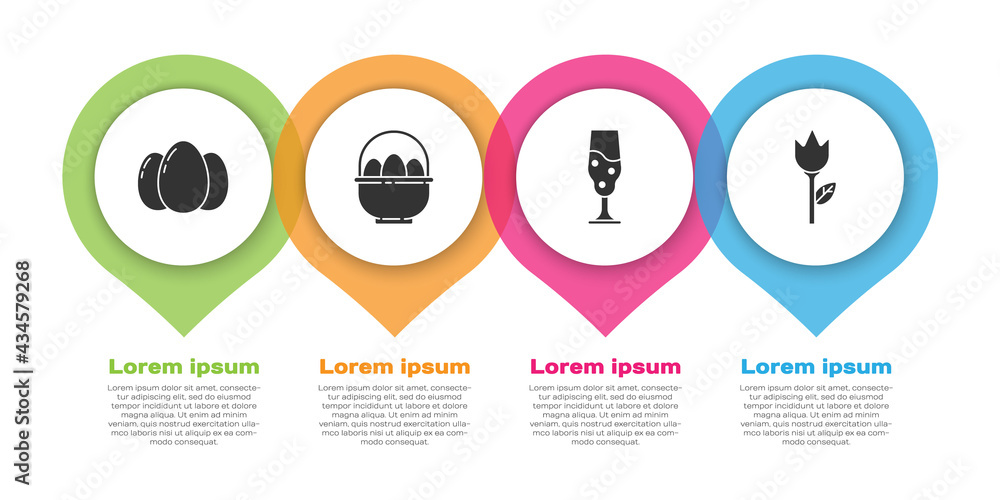 Set Easter eggs, Basket with easter eggs, Wine glass and Flower tulip. Business infographic template