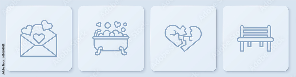 Set line Envelope with Valentine heart, Broken or divorce, Romantic bathroom and bench. White square