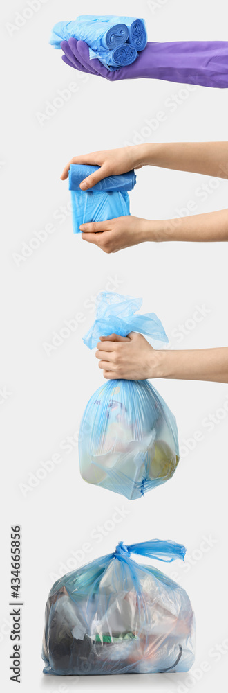 家庭主妇使用垃圾袋收集白底垃圾