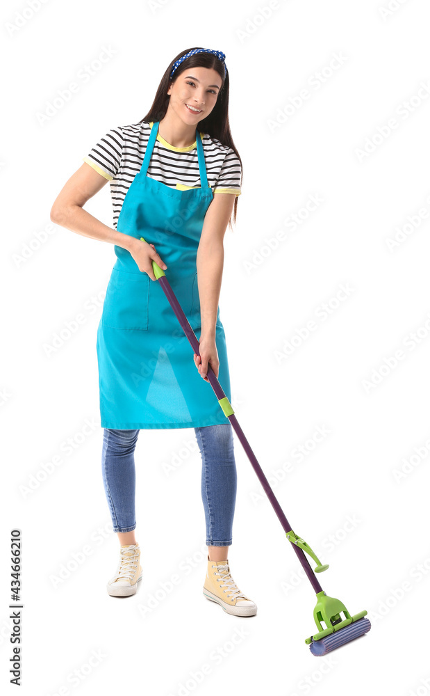 Young woman with floor mop on white background