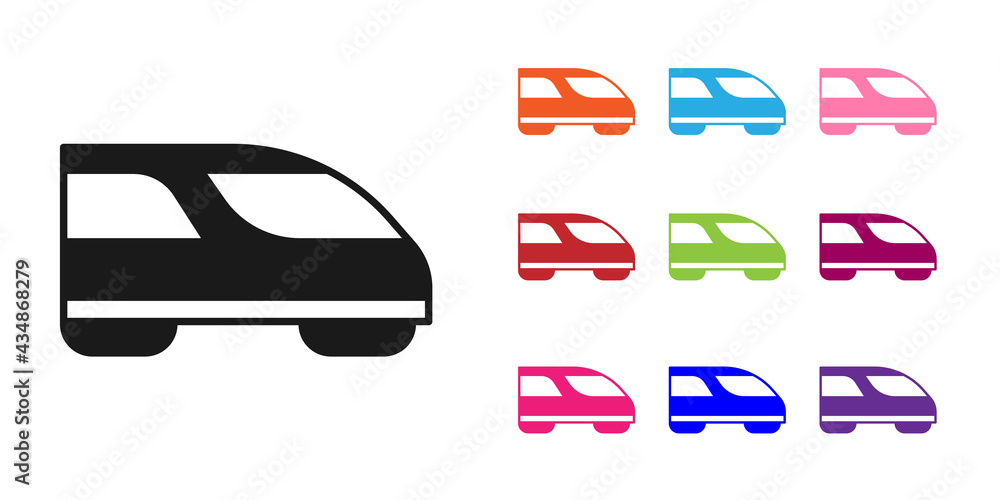 Black High-speed train icon isolated on white background. Railroad travel and railway tourism. Subwa