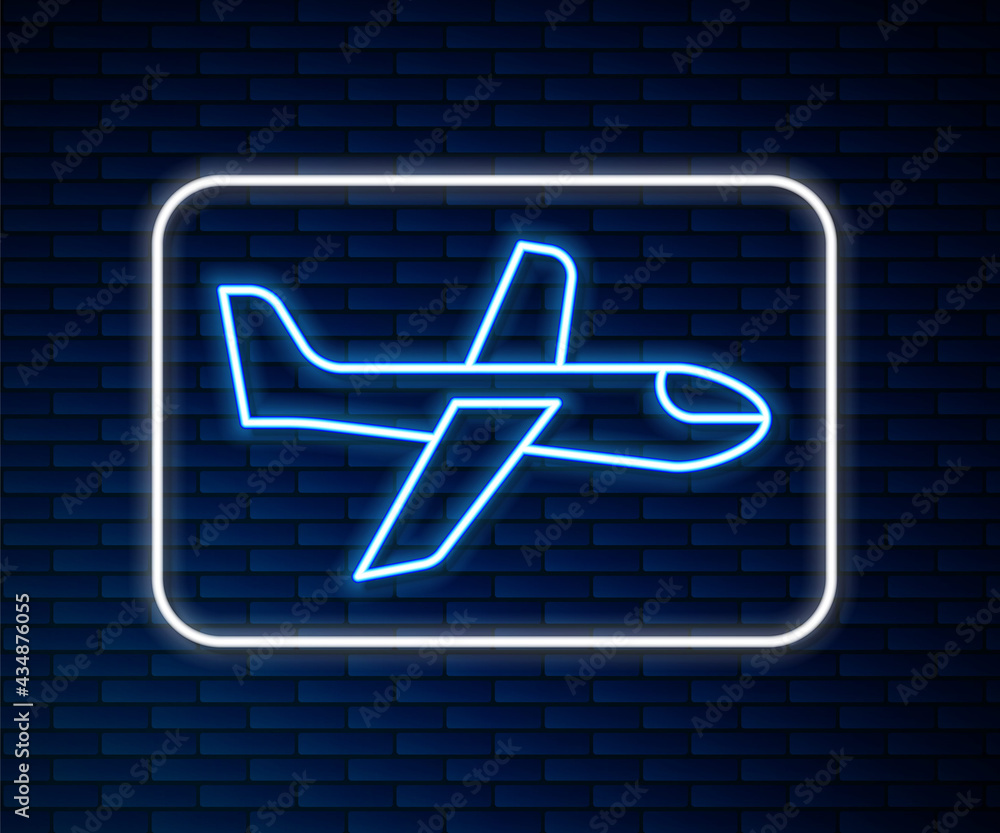 闪闪发光的霓虹灯线，砖墙背景上隔离的飞机图标。飞行的飞机图标，航空公司标志。