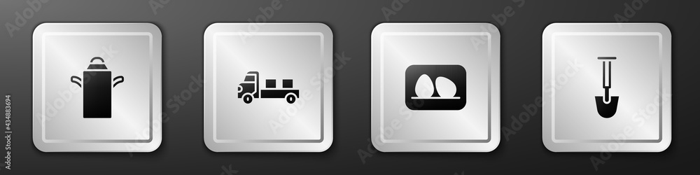 Set Can container for milk，Pickup truck，Chicken egg and Shovel icon.Silver square button.Vector（设置牛奶