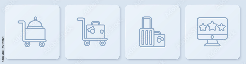 Set line Covered with tray, Suitcase, and Five stars rating review. White square button. Vector