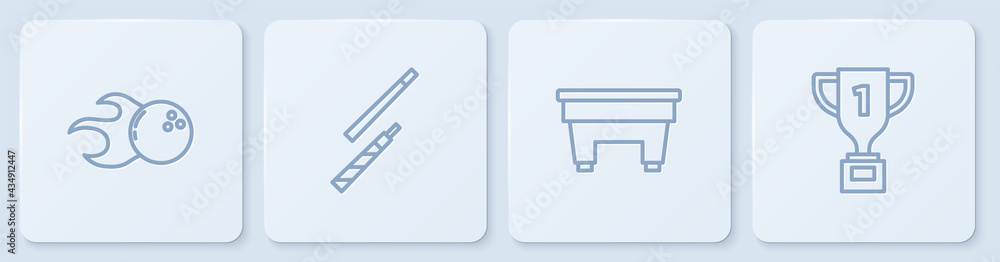 Set line Bowling ball, Billiard table, cue and Award cup. White square button. Vector