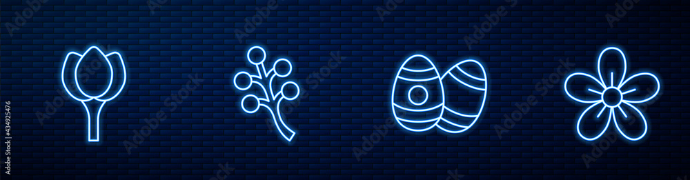Set line Easter egg, Flower tulip, Blossom tree branch and . Glowing neon icon on brick wall. Vector