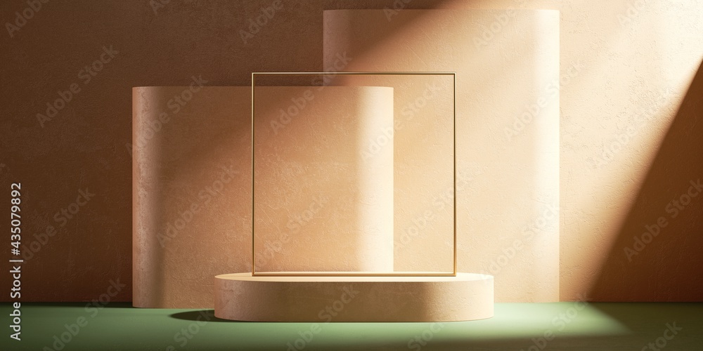 3d render, abstract peachy stucco background with sunlight rays. Modern minimal showcase scene with 