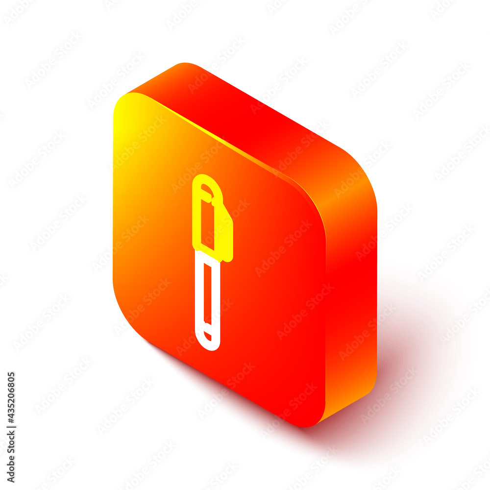 Isometric line Pen icon isolated on white background. Orange square button. Vector Illustration