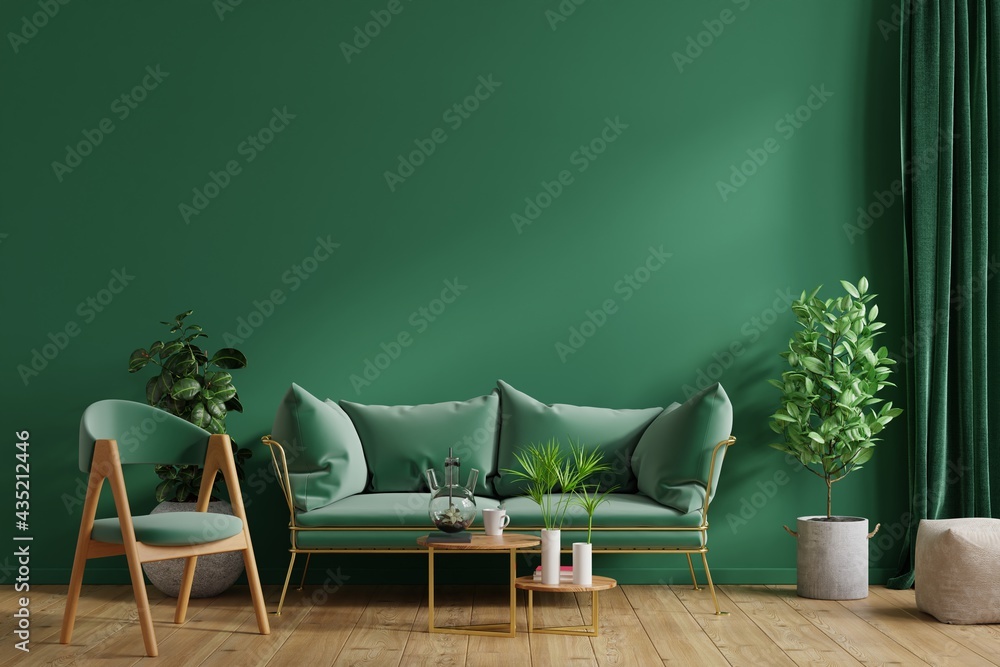室内模型绿色墙壁，客厅有绿色沙发和绿色扶手椅。