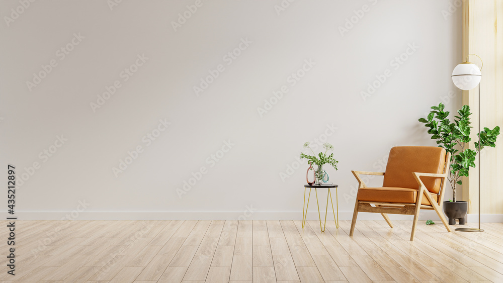 暖色调的客厅内墙模型，白墙背景为皮扶手椅。