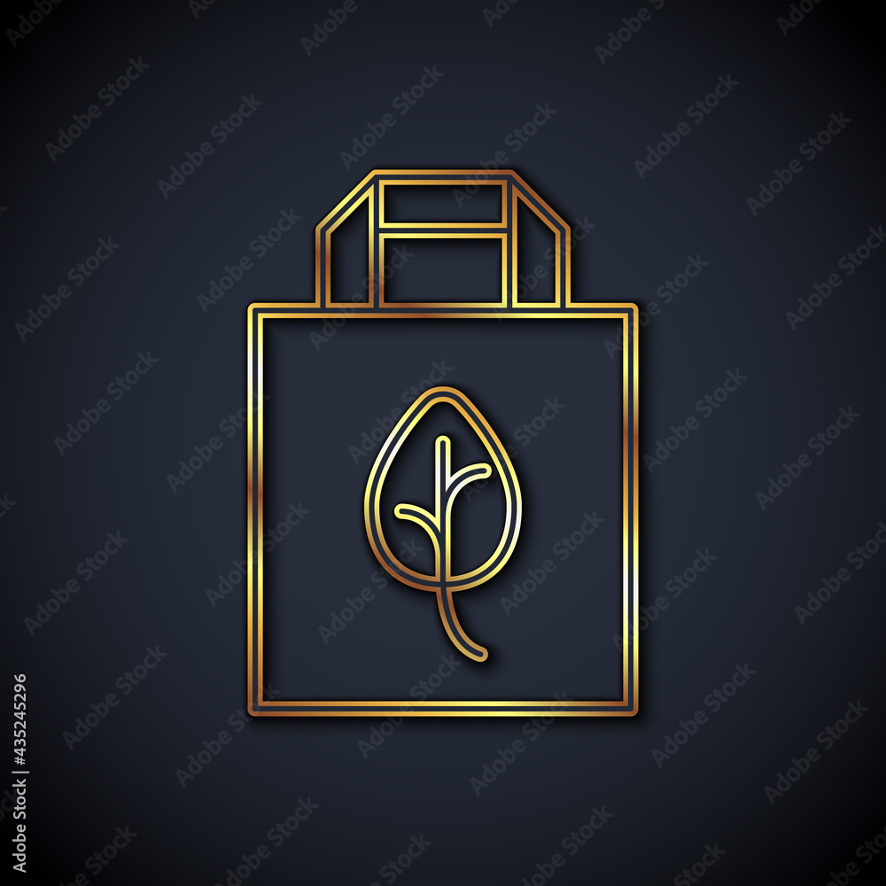 Gold line Paper shopping bag with recycle icon isolated Gold line background. Bag with recycling sym