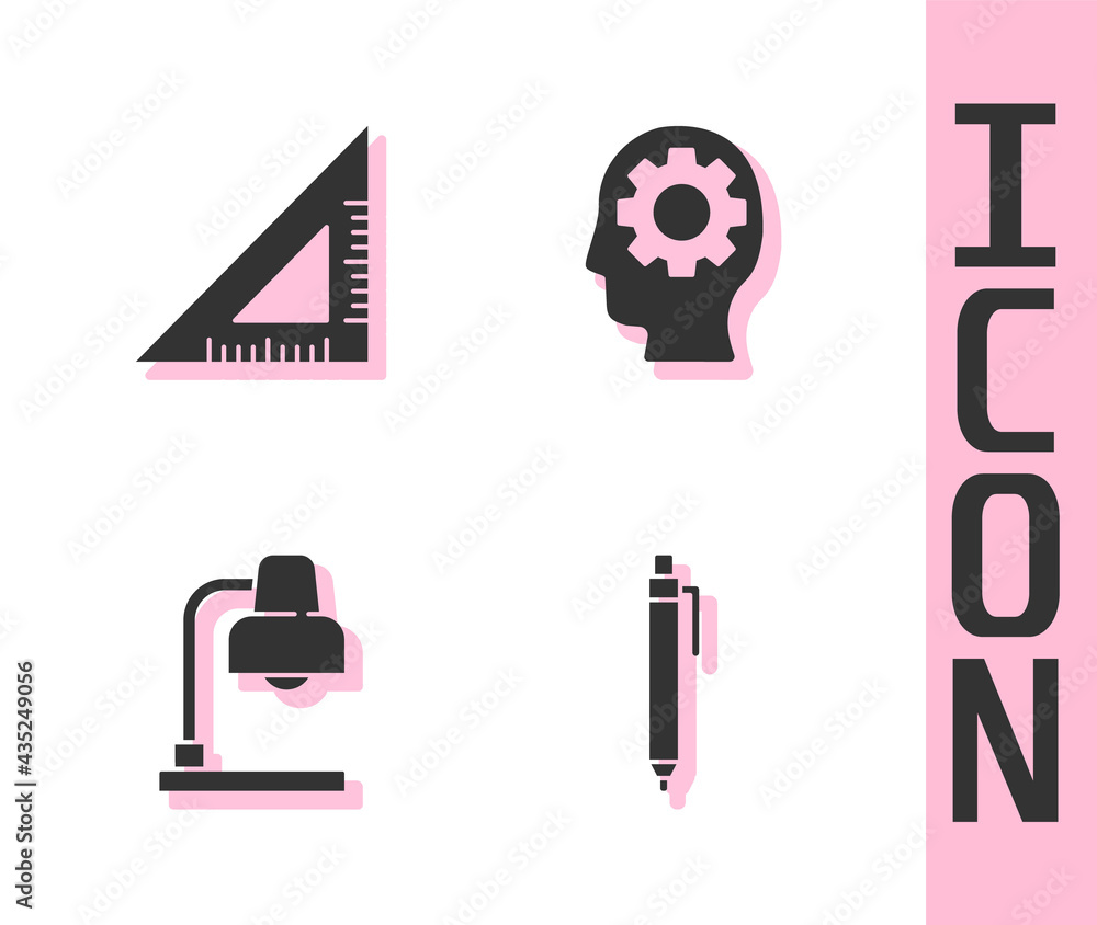 Set Pen, Triangular ruler, Table lamp and Head with gear inside icon. Vector