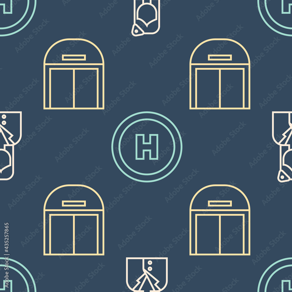 Set line Stewardess, Aircraft hangar and Helicopter landing pad on seamless pattern. Vector