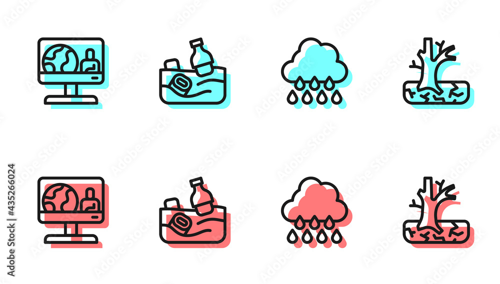 Set line Cloud with rain, Weather forecast, Problem pollution of ocean and Withered tree icon. Vecto