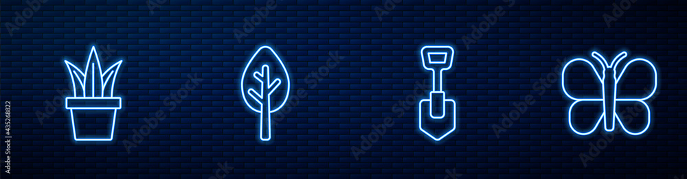 Set line铲子，花盆里的植物，森林和蝴蝶。砖墙上闪闪发光的霓虹灯图标。矢量