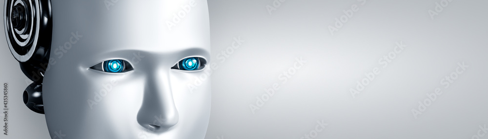 机器人人形人脸和眼睛近景3D渲染。AI思维大脑，人工智能