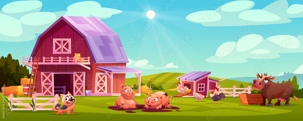 Colorful farmyard with domestic animals and poultry outside wooden barn green rural scenery vector i