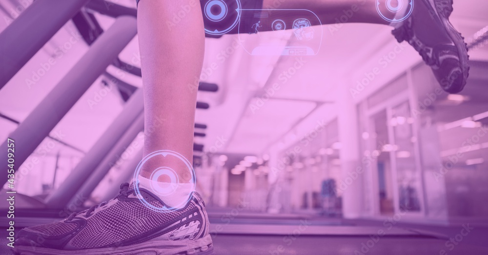 Composition of digital interface over womans legs exercising on treadmill with pink tint