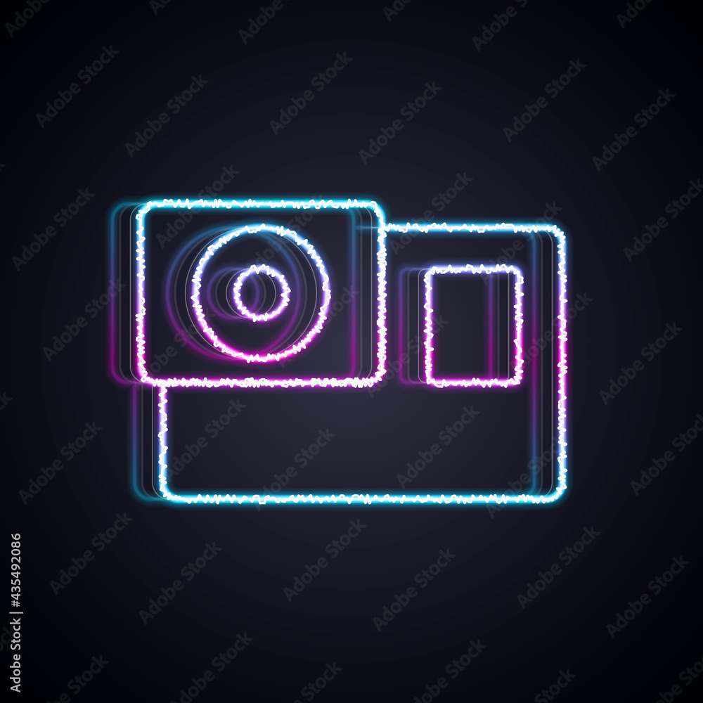 夜光霓虹线动作极限摄像机图标隔离在黑色背景上。视频摄像机设备fo