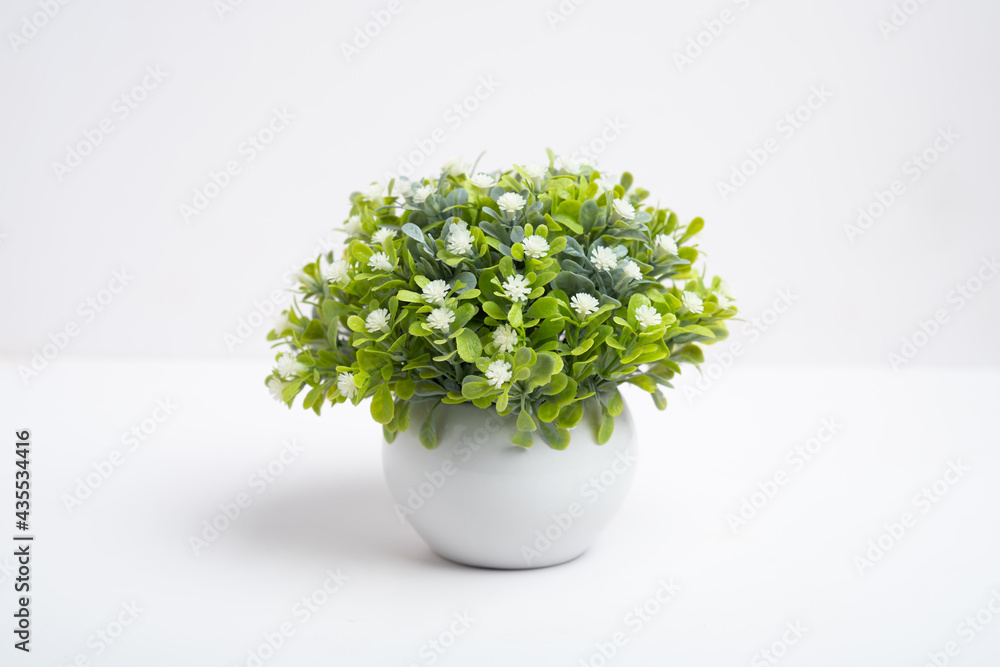 白色背景装饰花瓶中的塑料花，假花