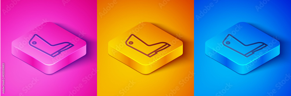 Isometric line Rubber gloves icon isolated on pink and orange, blue background. Latex hand protectio
