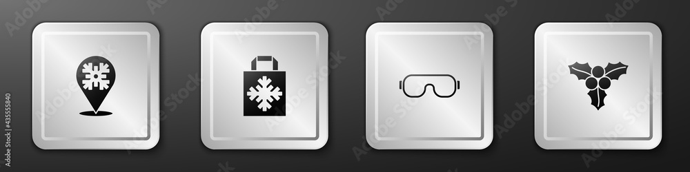 Set Snowflake, Christmas shopping bag, Ski goggles and Branch viburnum icon. Silver square button. V